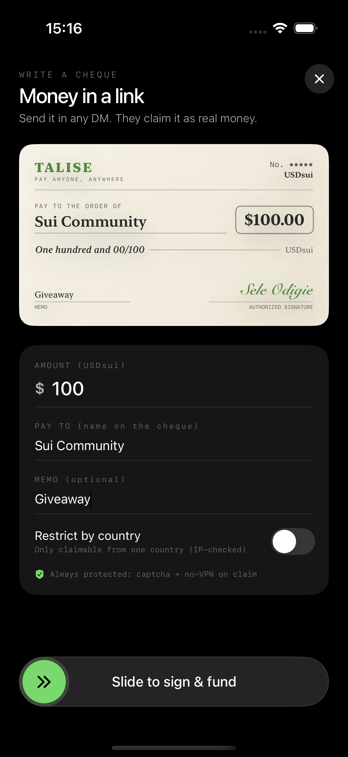 Talise cheque link